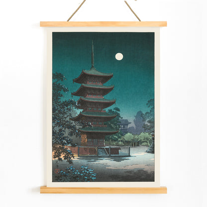 Asakusa Kinryuzan Temple pagoda at night with full moon by Tsuchiya Koitsu from Sketches of Famous Places in Japan poster, with wooden magnetic frame on white background