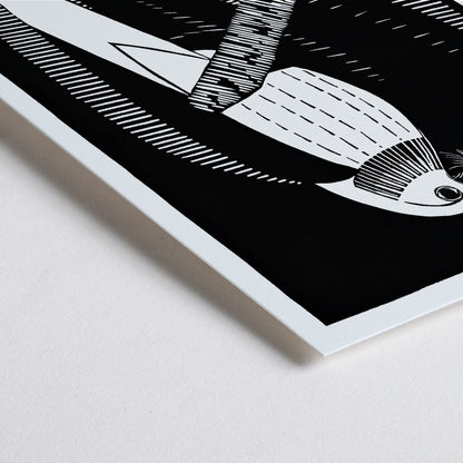 Closeup detail of Black and white geometric parakeet artwork by Samuel Jessurun de Mesquita titled Parakeets Parkieten poster featuring parakeet on branch