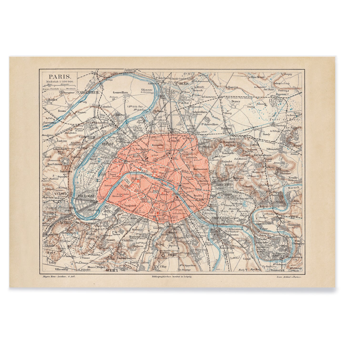 Ancient map of Paris city and surroundings by Bibliographic institute of Liepzig with detailed streets and highlighted city center poster artwork, with black aluminium frame on white background