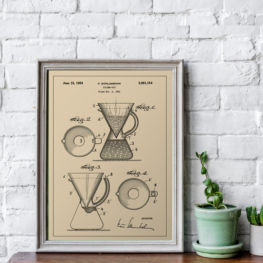 Vintage technical drawing and poster of coffee filter pot patent by P Schlumbohm with schematic and design details, framed and displayed in home decor