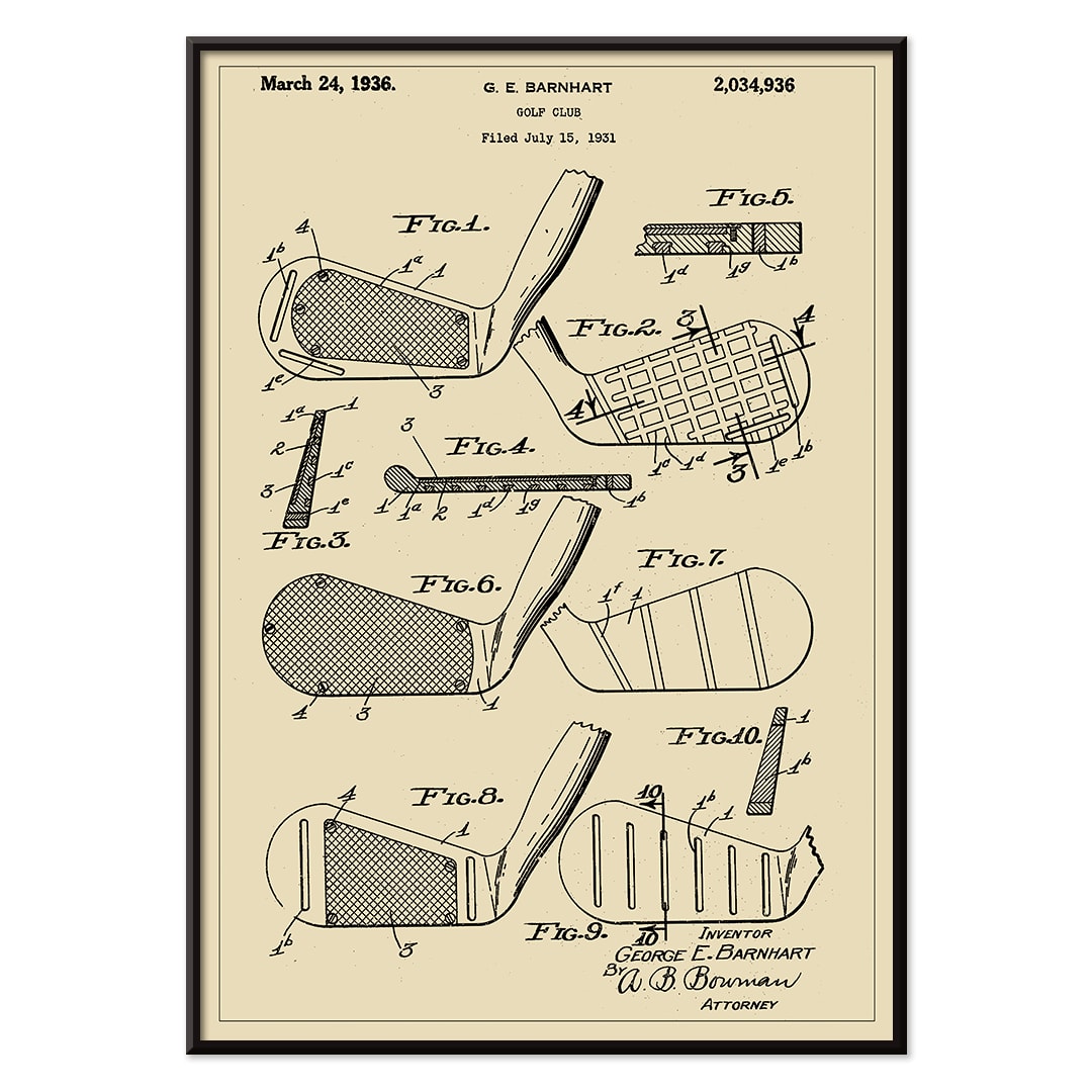 Golf club patent illustration by GE Barnhart showing detailed diagrams and labeled parts, with black aluminium frame on white background