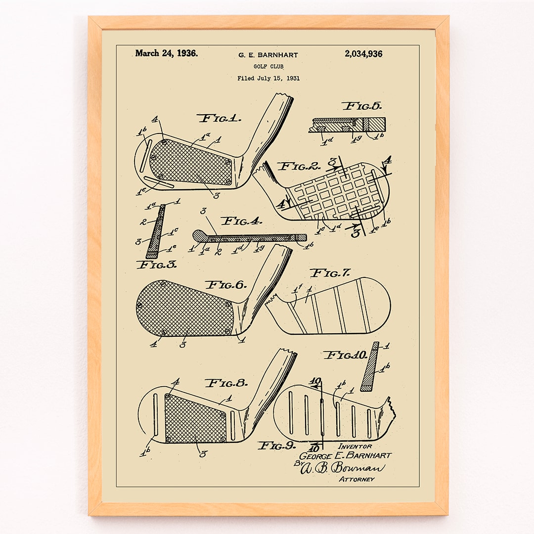 Golf club patent illustration by GE Barnhart showing detailed diagrams and labeled parts, framed and displayed in modern living room decor