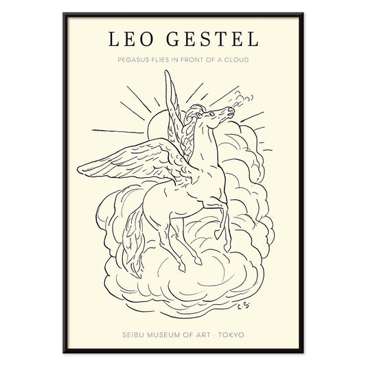 Pegasus flying in front of clouds line drawing illustration by Leo Gestel poster, with black aluminium frame on white background