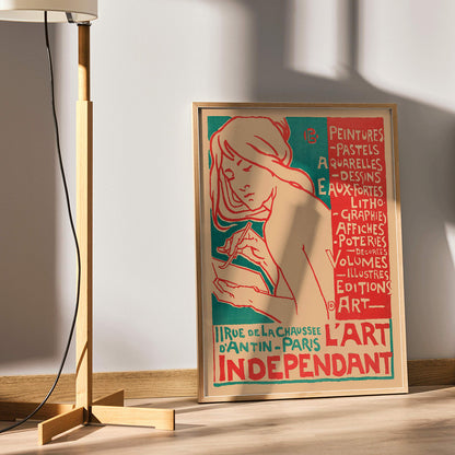 Art Nouveau poster of a woman drawing by Emile Berchmans titled L Art Independant advertising various art forms Paris, framed and displayed in home decor