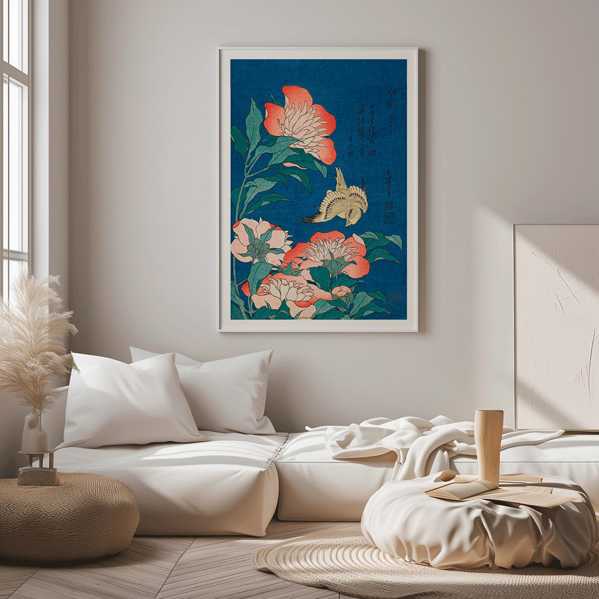 Peonies and canary by Katsushika Hokusai featuring a canary bird among blooming peonies with blue background artwork poster, framed and displayed in modern living room decor