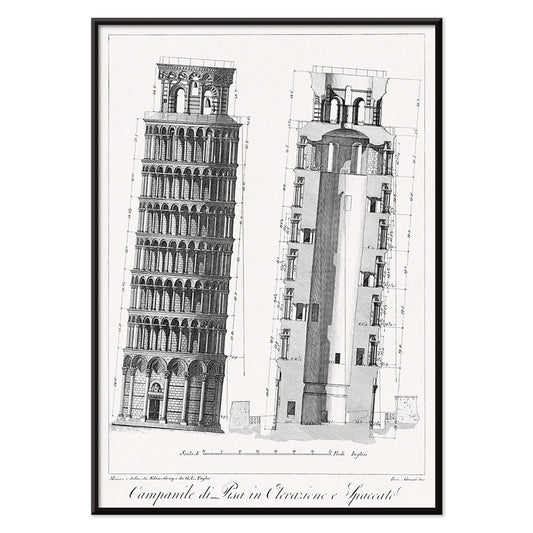 Architectural illustration and poster of the Leaning Tower of Pisa Campanile di Pisa by GL Taylor featuring elevations and section views, with black aluminium frame on white background