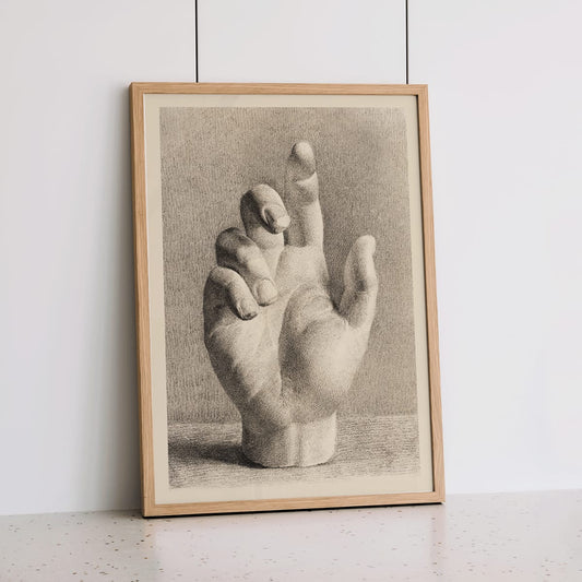 Poster of a detailed pencil drawing of a sculpted raised hand by Dankvart Dreyer titled A Hand Drawn After Plaster, framed and displayed in home decor