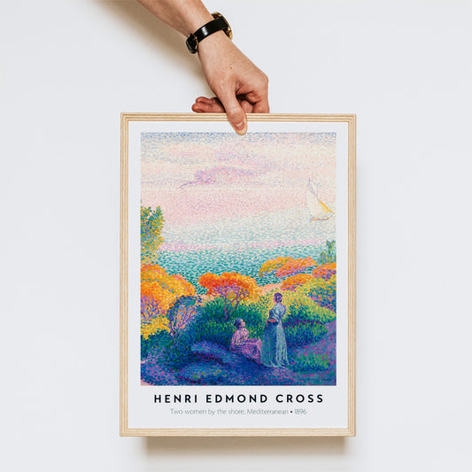 Colorful seascape poster with two women by the Mediterranean shore bright foliage artwork by Henri Edmond Cross Two Women by the Shore, framed and displayed in home decor