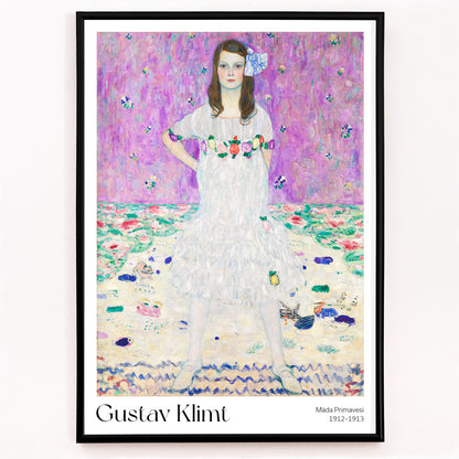 Closeup detail of Mada Primavesi by Gustav Klimt poster featuring a young girl in a white dress with a colorful floral background