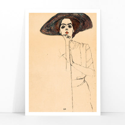 Frauenbildnis II by Egon Schiele poster featuring a woman in a large hat expressive minimalistic line drawing on beige background, framed and displayed in modern living room decor