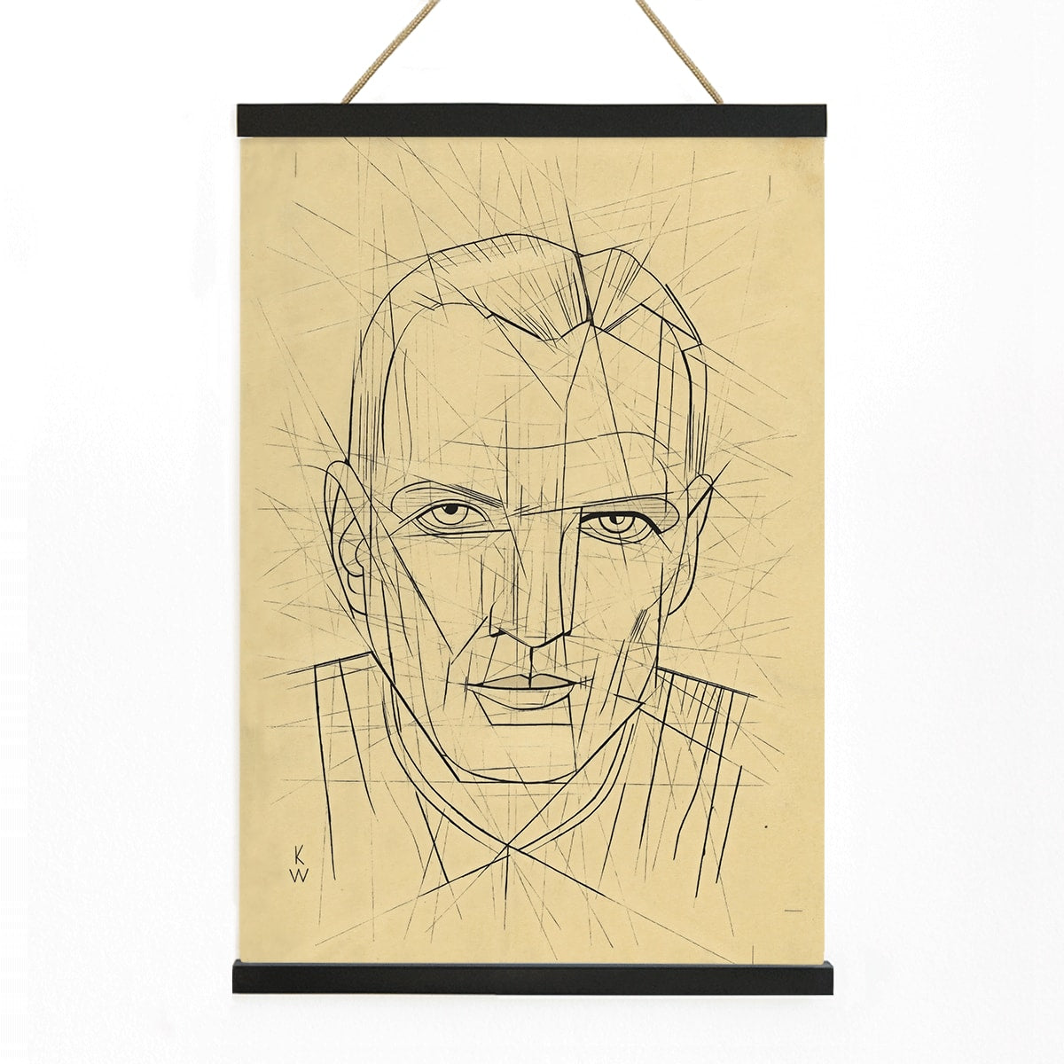 Line drawing and poster of a mans face by Karl Wiener titled Porträt featuring geometric angular portrait details, with wooden magnetic frame on white background