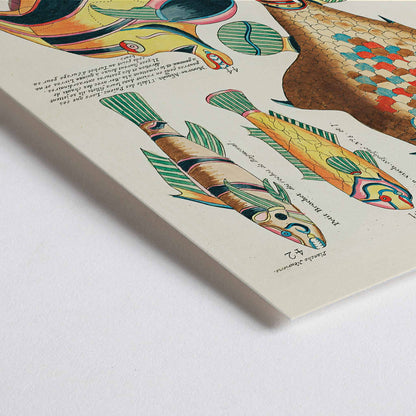 Closeup detail of Colourful surreal fish illustrations by Louis Renard from Histoire naturelle des plus rares curiositez de la mer des Indes poster