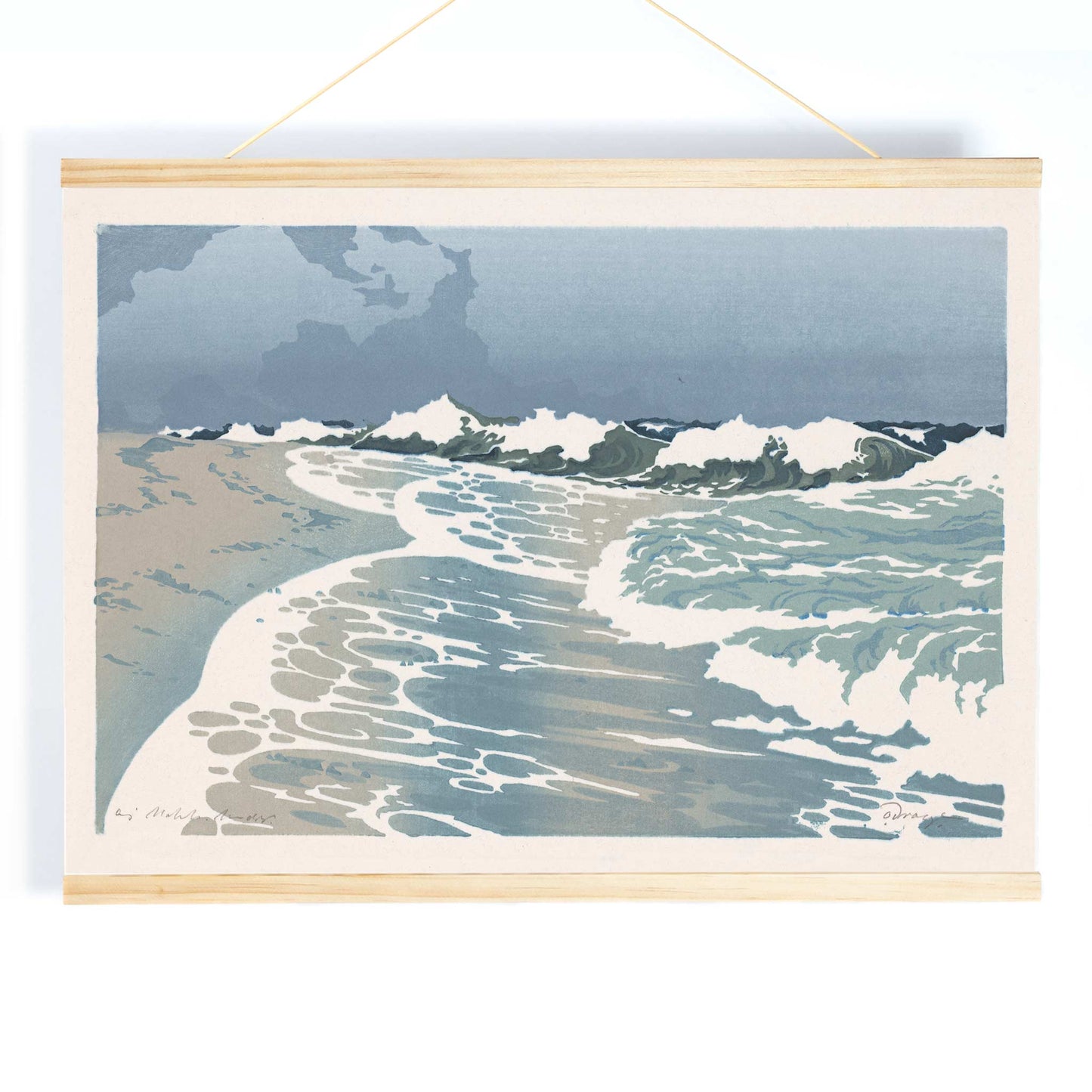 Sea waves crashing on sandy seashore artwork by O Droegl poster of foamy waves on the sea shore, with wooden magnetic frame on white background