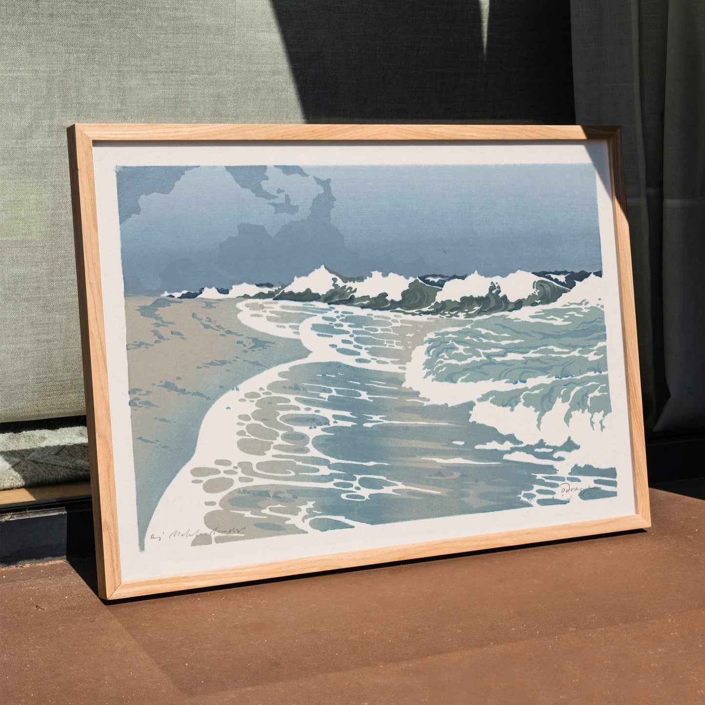 Sea waves crashing on sandy seashore artwork by O Droegl poster of foamy waves on the sea shore, framed and displayed in home decor
