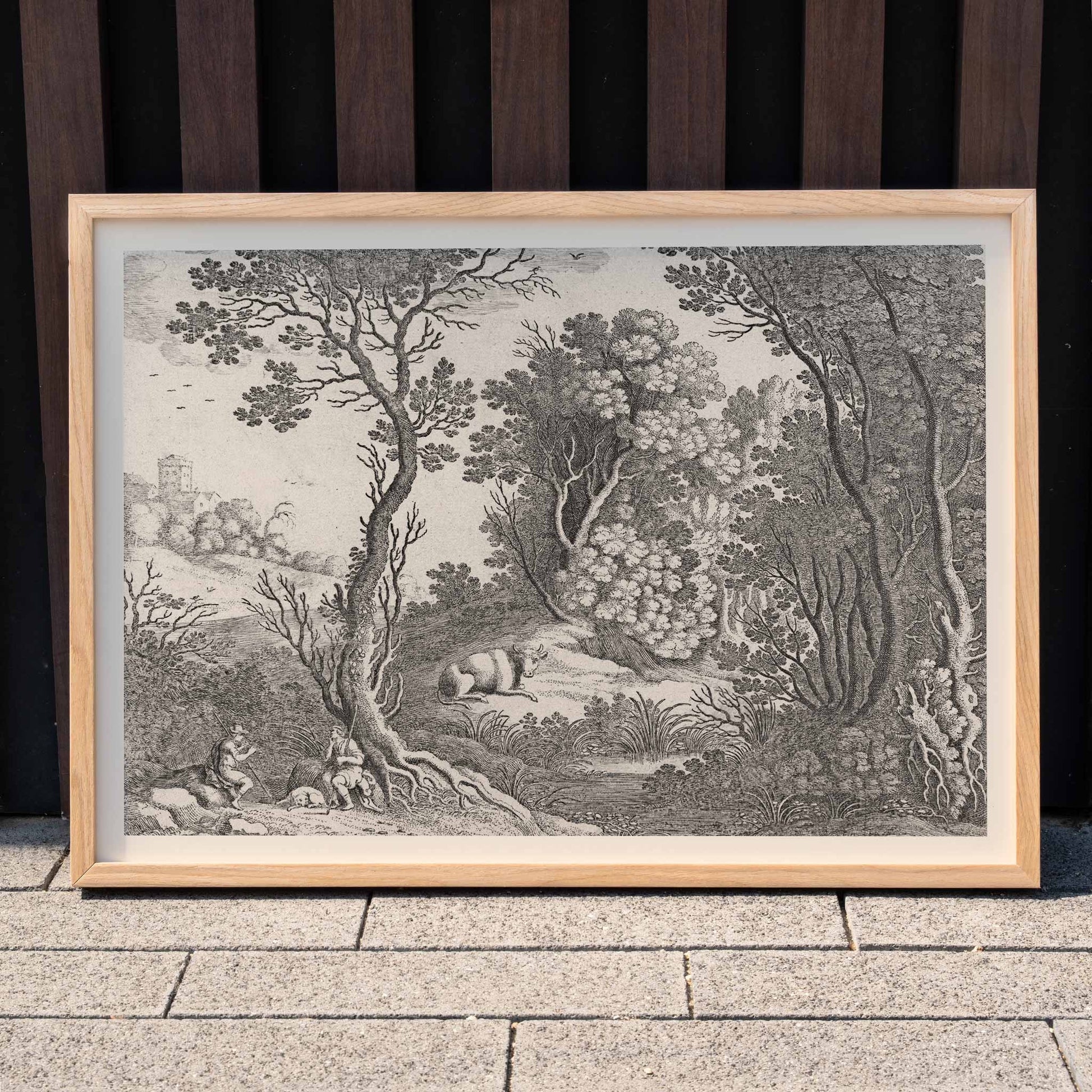 Mercury playing the flute in a detailed forest landscape with trees animals and natural scenery by Willem van Nieulandt poster, framed and displayed in modern living room decor