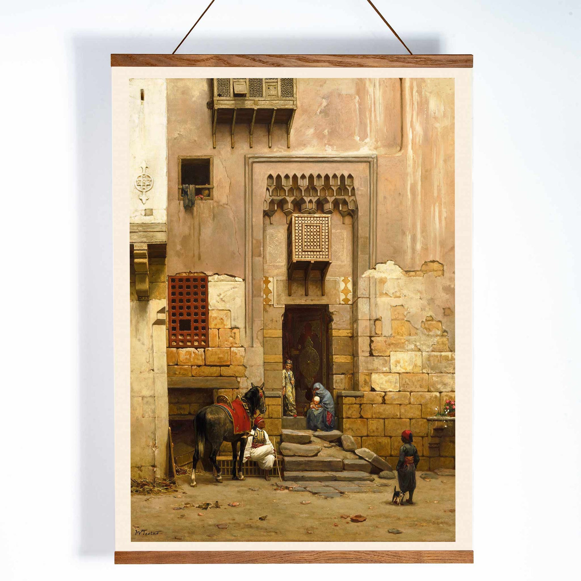 People and a horse in a sunlit Middle Eastern courtyard from The Courtyard of a house in Cairo by Willem de Famars Testas poster with architectural details, with wooden magnetic frame on white background