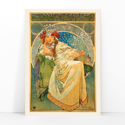 Art Nouveau poster of Princess Hyacinta in flowing gown with crown and floral accents by Alfons Mucha, framed and displayed in modern living room decor