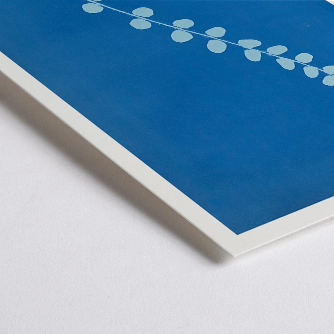 Closeup detail of Botanical cyanotype print and poster of Pteris rotundifolia by Anna Atkins featuring a light blue fern leaf on dark blue background