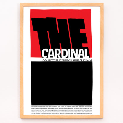 Closeup detail of Minimalist graphic design of The Cardinal Movie poster by Saul Bass featuring bold black and red graphics large text and a minimalist style