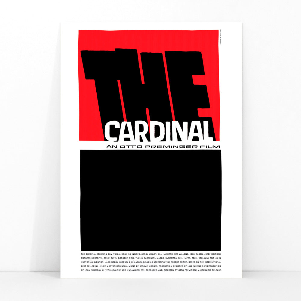 Minimalist graphic design of The Cardinal Movie poster by Saul Bass featuring bold black and red graphics large text and a minimalist style, framed and displayed in modern living room decor