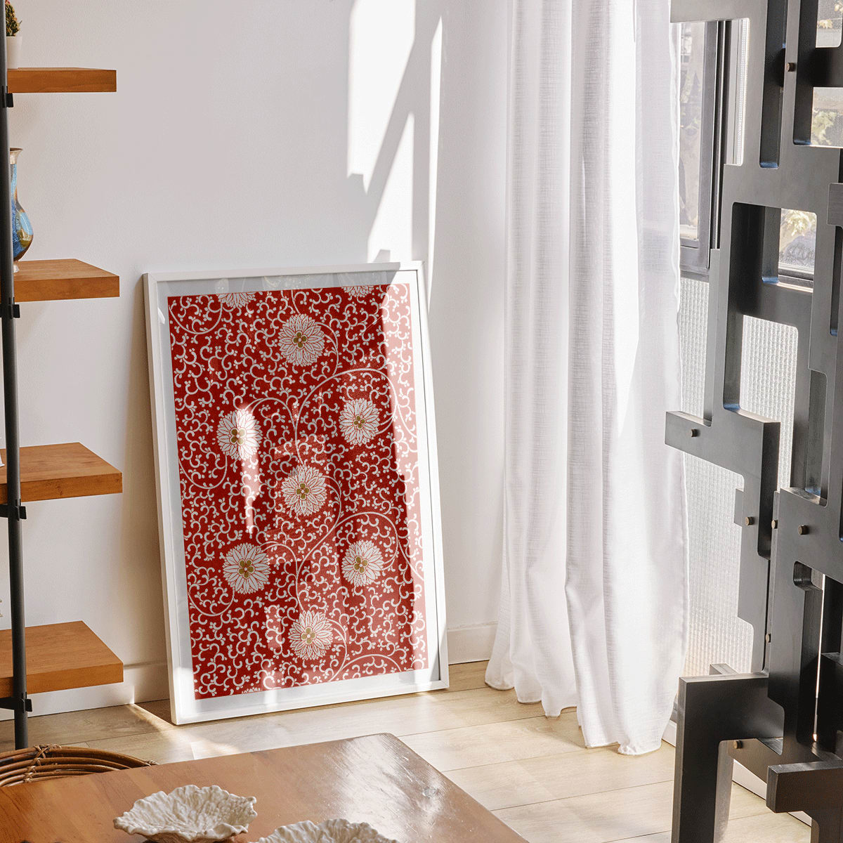 Red floral pattern artwork by Owen Jones from Chinese Ornament featuring intricate white flowers and swirling vines poster, framed and displayed in modern living room decor