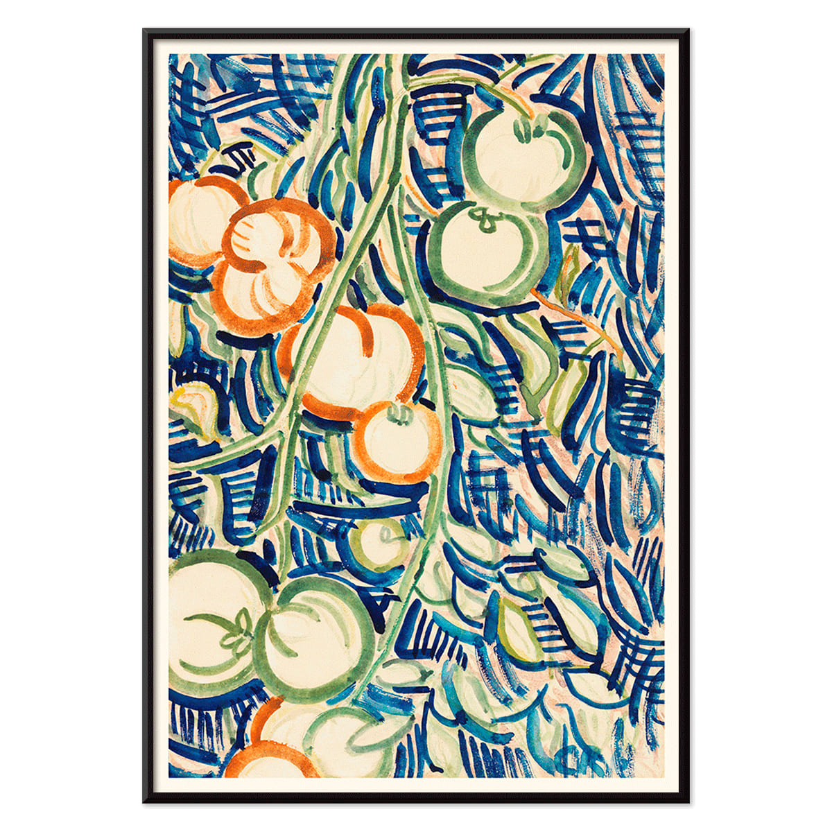 Drooping branch with red and green tomatoes by Christian Rohlfs vibrant abstract artwork poster, with black aluminium frame on white background