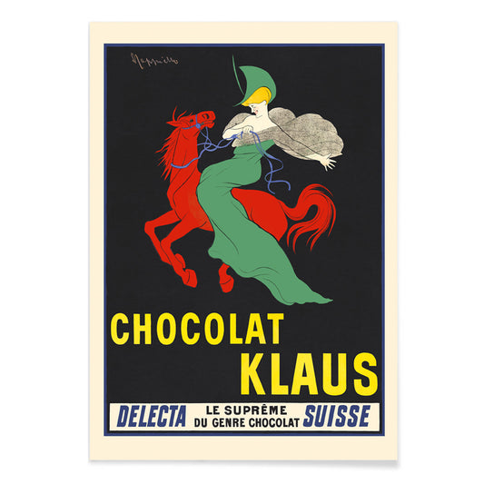 Chocolat Klaus poster by Leonetto Cappiello showing a woman in a flowing green dress riding a red horse on a black background, with black aluminium frame on white background