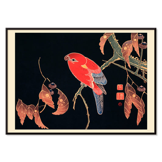 Vibrant red parrot perched on a tree branch artwork by Ito Jakuchu showcasing intricate details and colors poster, with black aluminium frame on white background