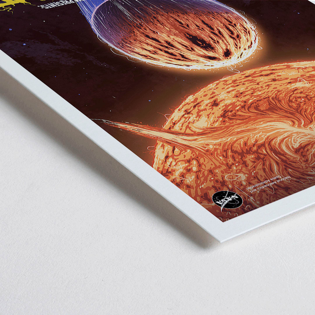 Closeup detail of NASA poster of The Roasted Planet exoplanet being scorched by its star with vivid eruptions and a burning surface