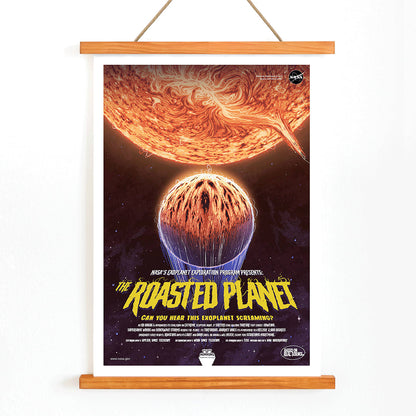 NASA poster of The Roasted Planet exoplanet being scorched by its star with vivid eruptions and a burning surface, with wooden magnetic frame on white background