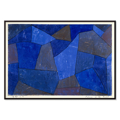 Blue geometric abstract artwork titled Rocks at Night by Paul Klee featuring varied shades and textures poster, with black aluminium frame on white background