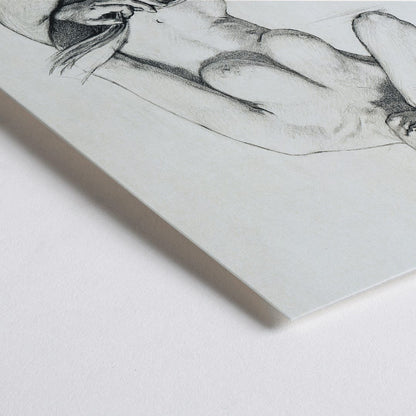 Closeup detail of Nude Study 1896 by Kenion Cox pencil sketch of a seated nude woman reading a book contemplative expression art poster