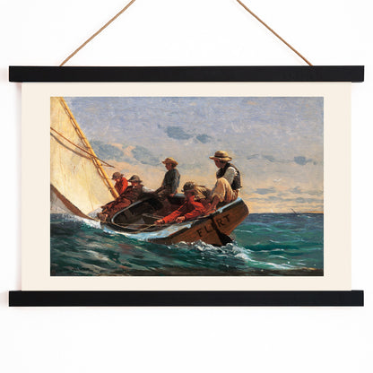 Sailboat crew navigating ocean waves and people sailing on a boat in the sea The Flirt by Winslow Homer, with wooden magnetic frame on white background