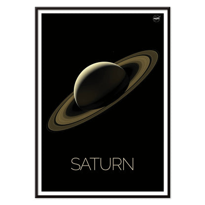 NASA illustration and poster of planet Saturn with rings against black background, with black aluminium frame on white background