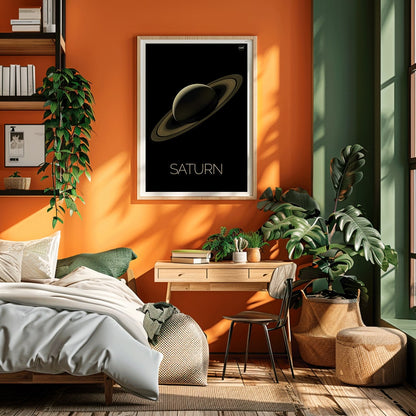 NASA illustration and poster of planet Saturn with rings against black background, framed and displayed in home decor