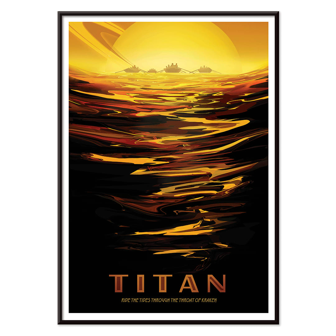 Futuristic boats on golden waves with Saturn in the background at sunset inspired by Titan Ride the tides through the throat of Kraken by NASA, with black aluminium frame on white background