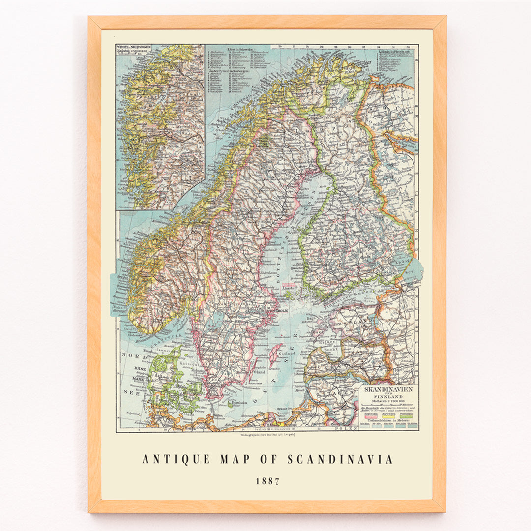 Closeup detail of Vintage map of Scandinavia German antique wall art by Institute of Liepzig detailed geographic poster for home or office decor