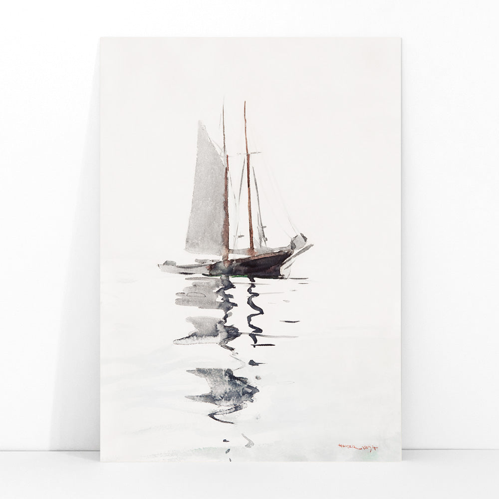 Watercolor painting and poster of a two masted schooner with dory on calm water in watercolor style by Winslow Homer, framed and displayed in modern living room decor