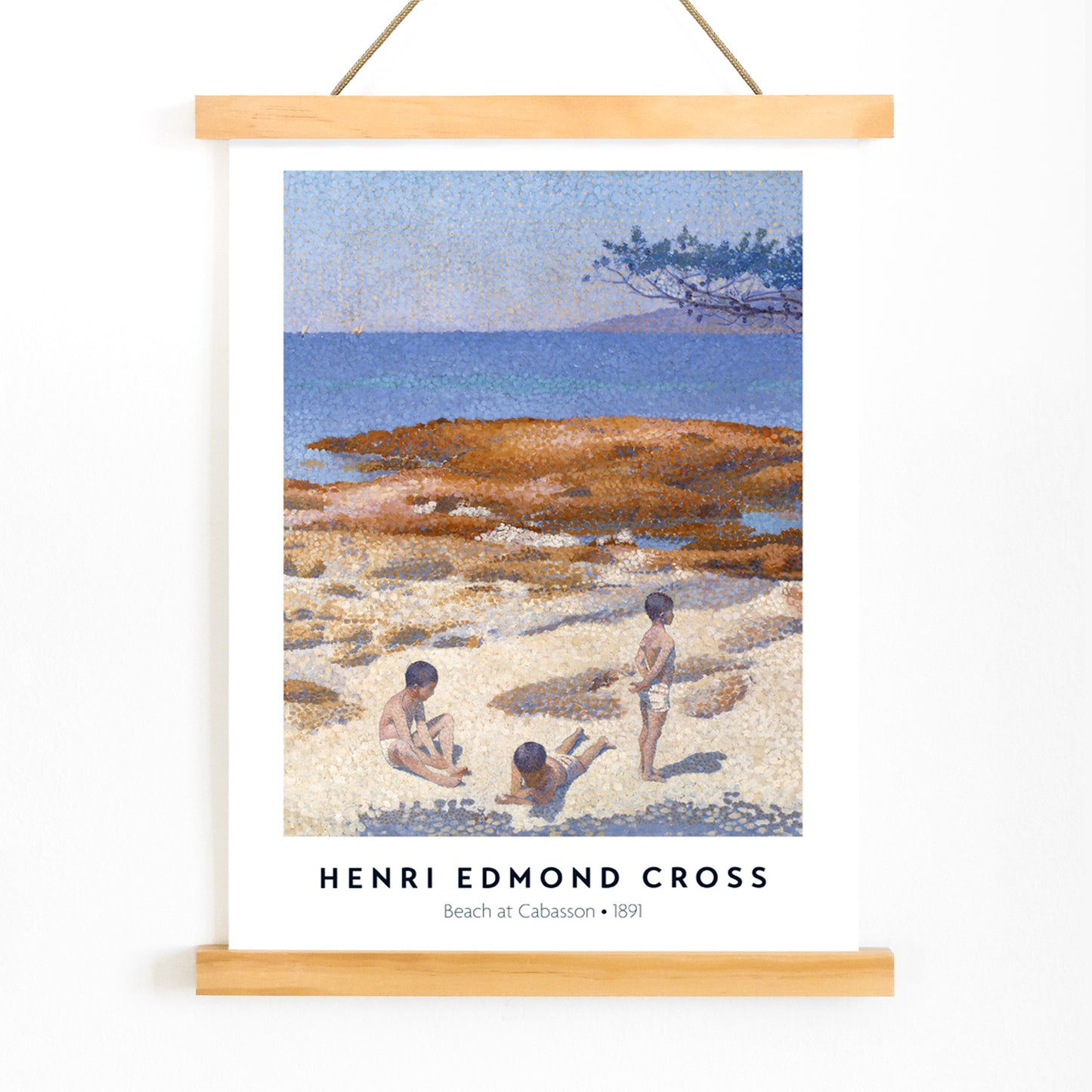 Poster of Beach at Cabasson by Henri Edmond Cross with children playing on a sandy shore under a blue sky, with wooden magnetic frame on white background