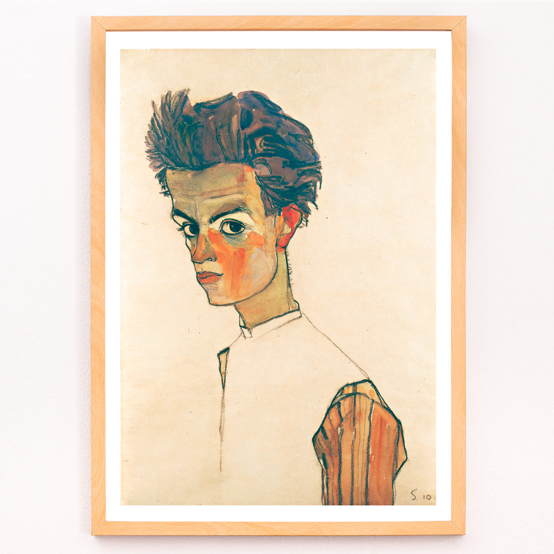 Closeup detail of Colorful expressionist self-portrait painting of a young man in a striped shirt by Egon Schiele titled Self-Portrait with Striped Shirt poster