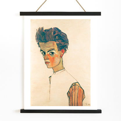 Colorful expressionist self-portrait painting of a young man in a striped shirt by Egon Schiele titled Self-Portrait with Striped Shirt poster, with wooden magnetic frame on white background