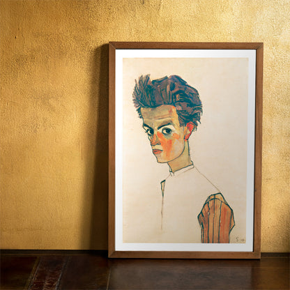 Colorful expressionist self-portrait painting of a young man in a striped shirt by Egon Schiele titled Self-Portrait with Striped Shirt poster, framed and displayed in home decor