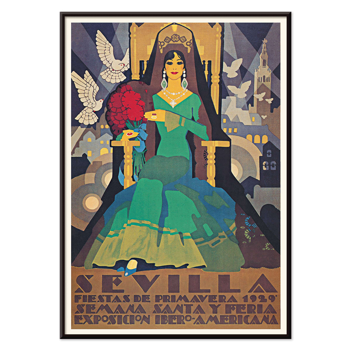 Art Deco illustrated poster of Sevilla Fiestas de primavera by artist featuring Semana Santa Feria Exposición Ibero-Americana and a woman in a green dress with doves and cityscape in the background, with black aluminium frame on white background