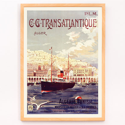 Closeup detail of Vintage steamship in Algiers harbor with city buildings travel poster by Fernand Le Quesne Cie Cle Transatlantique