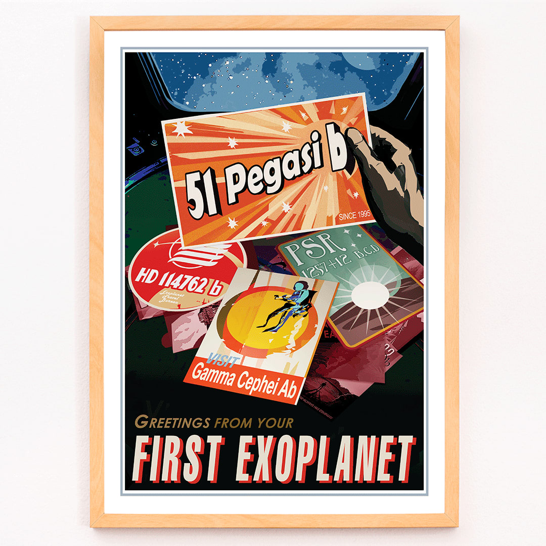 NASA retro style space travel poster with vibrant exoplanet postcards and text greetings from your first exoplanet wall decor, framed and displayed in modern living room decor