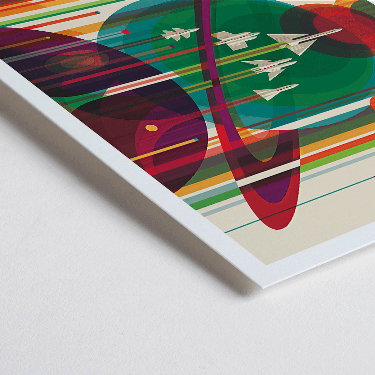 Closeup detail of Retro space travel poster The Grand Tour by NASA featuring colorful planets and retro spaceships ideal for space exploration fans