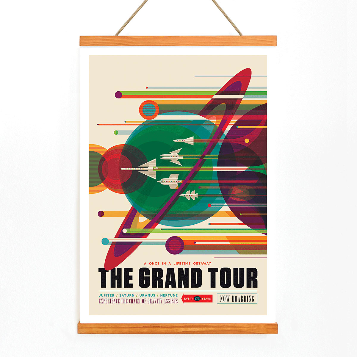 Retro space travel poster The Grand Tour by NASA featuring colorful planets and retro spaceships ideal for space exploration fans, with wooden magnetic frame on white background