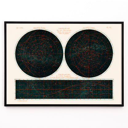 Closeup detail of Celestial chart and poster of the two hemispheres night sky by Guillemin Amédée showing Constellations of the Two Hemispheres star maps