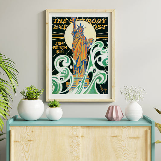 Colorful Statue of Liberty artwork with bold waves and sunburst by J C Leyendecker poster titled Statue of Liberty, framed and displayed in home decor