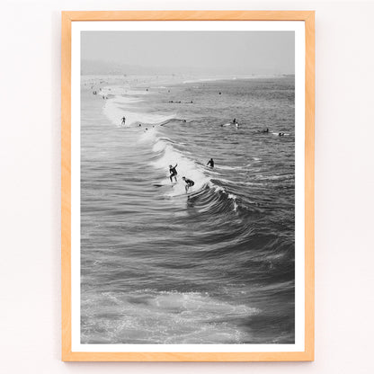 Closeup detail of Black and white surfers riding waves at Venice Beach coastal wall art poster ideal for home decor